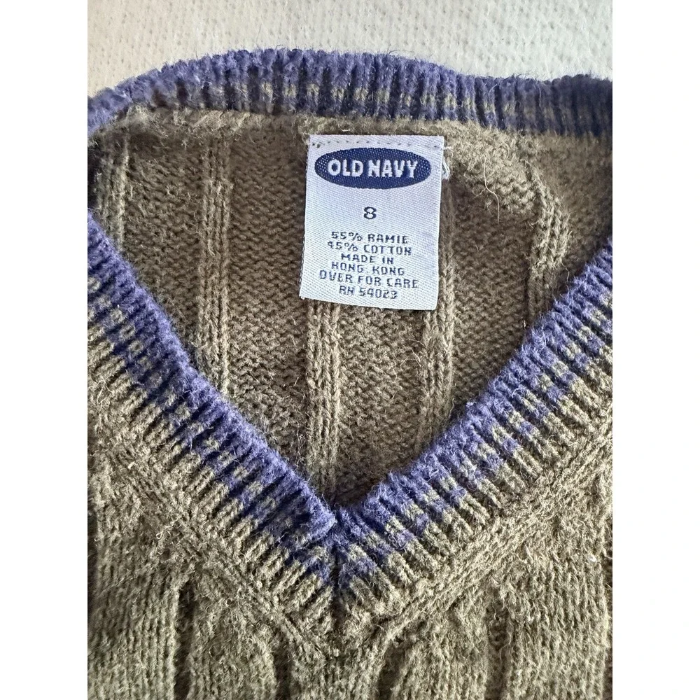 Old Navy Boys Cable Knit Sweater Vest Size 8 Green Purple Trim